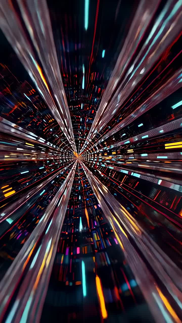 Vertical video: Moving light tunnel speeding after camera push through dark void, with neon rails