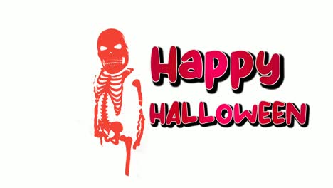 Happy-Halloween-text-with-skull-evil-symbol-animation-cartoon-on-blue-background