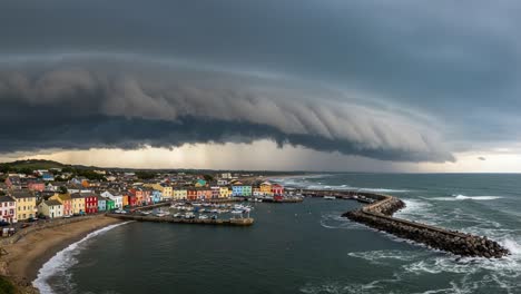 dramatic shelf cloud over a colorful coastal town harbor