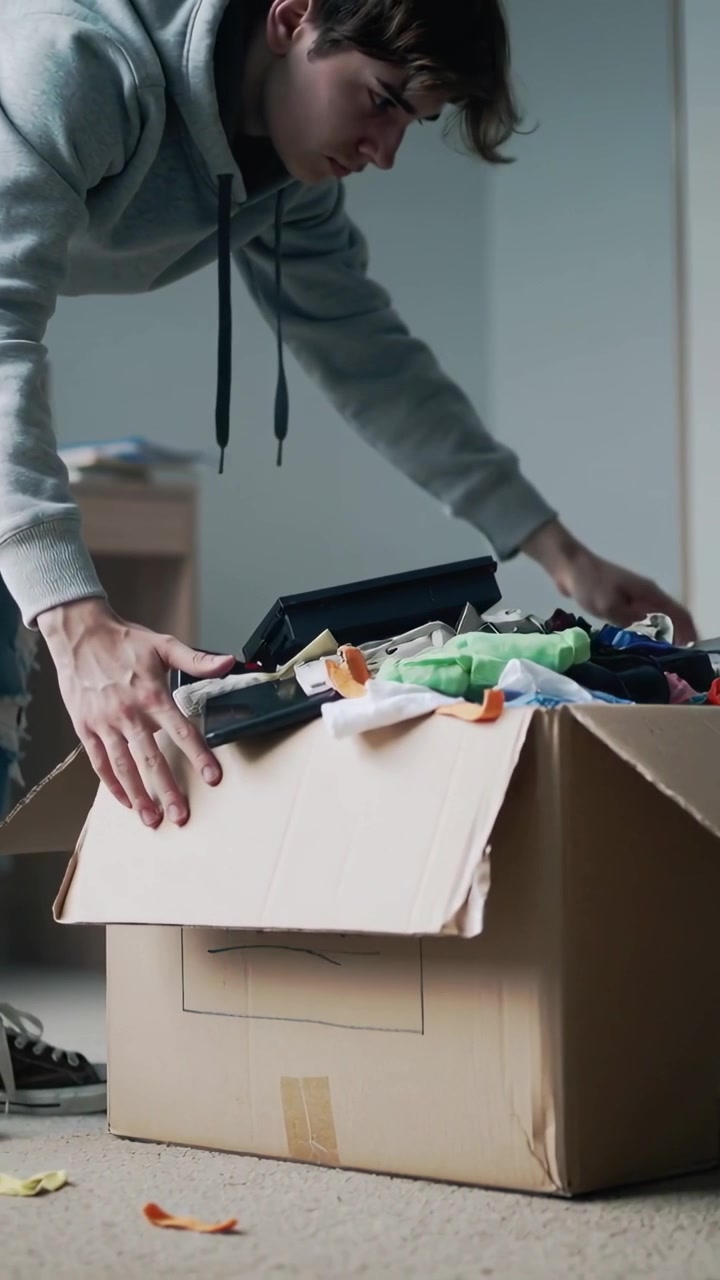 Vertical video: Lifting box flaps man in hoodie, jeans sorting POSSIBLE-box items in room for move