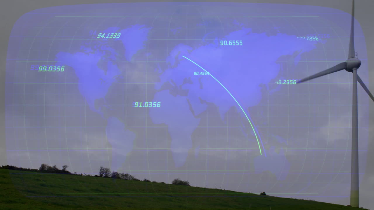 Renewable energy data animating over grassy hill layout, featuring wind turbine and trajectory map