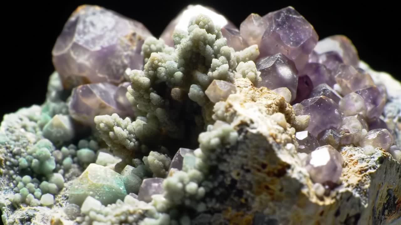 Exploring the Intricate Beauty of Purple Crystals on a Layered Mineral Rock Formation