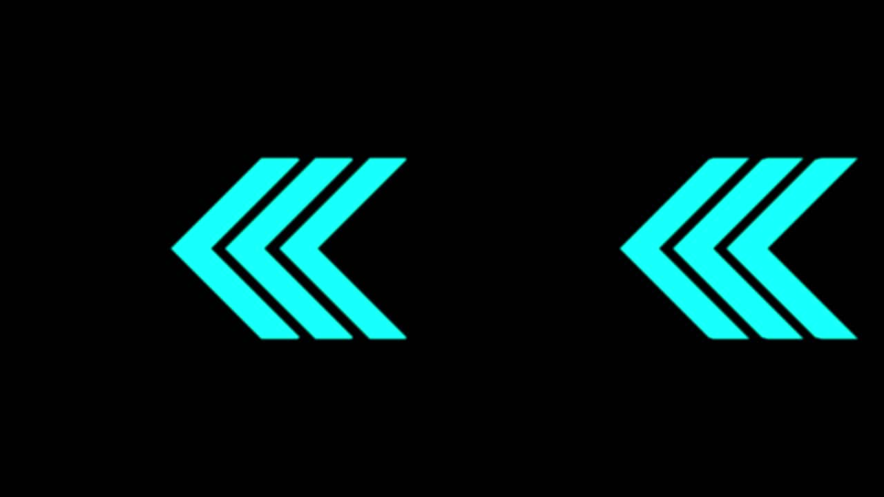 Frecce a chevron ciano luminose si muovono orizzontalmente su uno sfondo nero in un loop cinetico continuo.