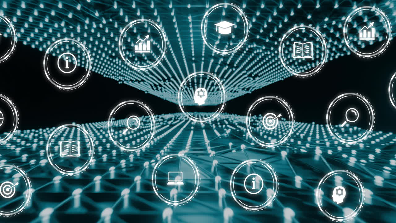 검은색 배경에 녹색 메쉬 위에 디지털 아이콘 네트워크의 애니메이션