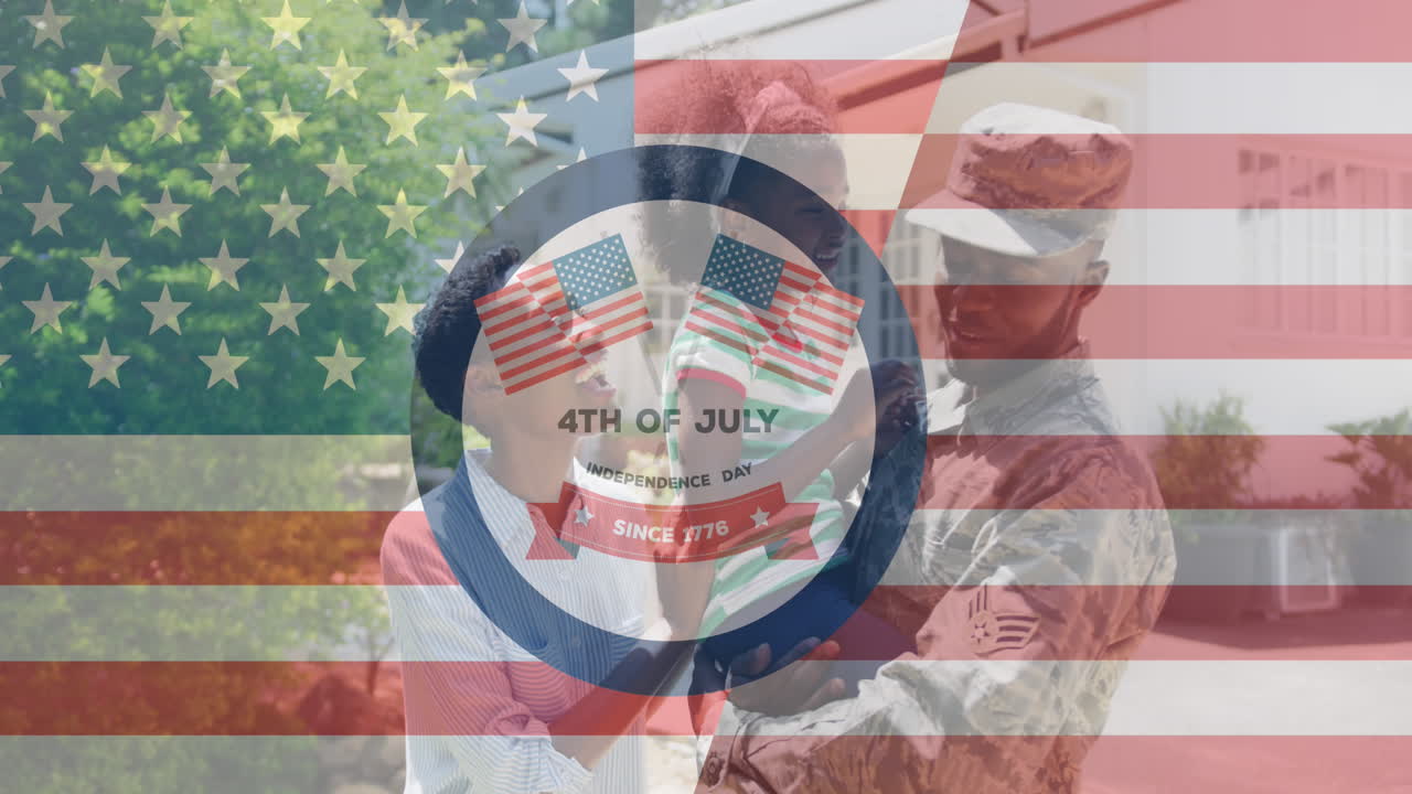 미국  ⁇ 발과 독립기념일 텍스트의 애니메이션 아프리카계 미국인 남성 군인과 가족