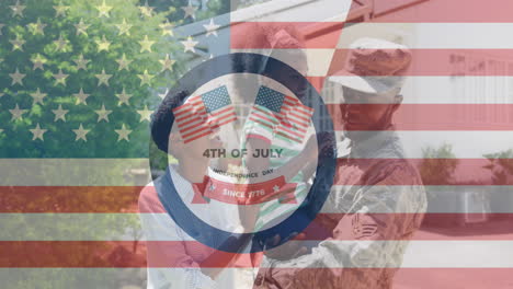 animation of american flag and independence day text over african american male soldier with family