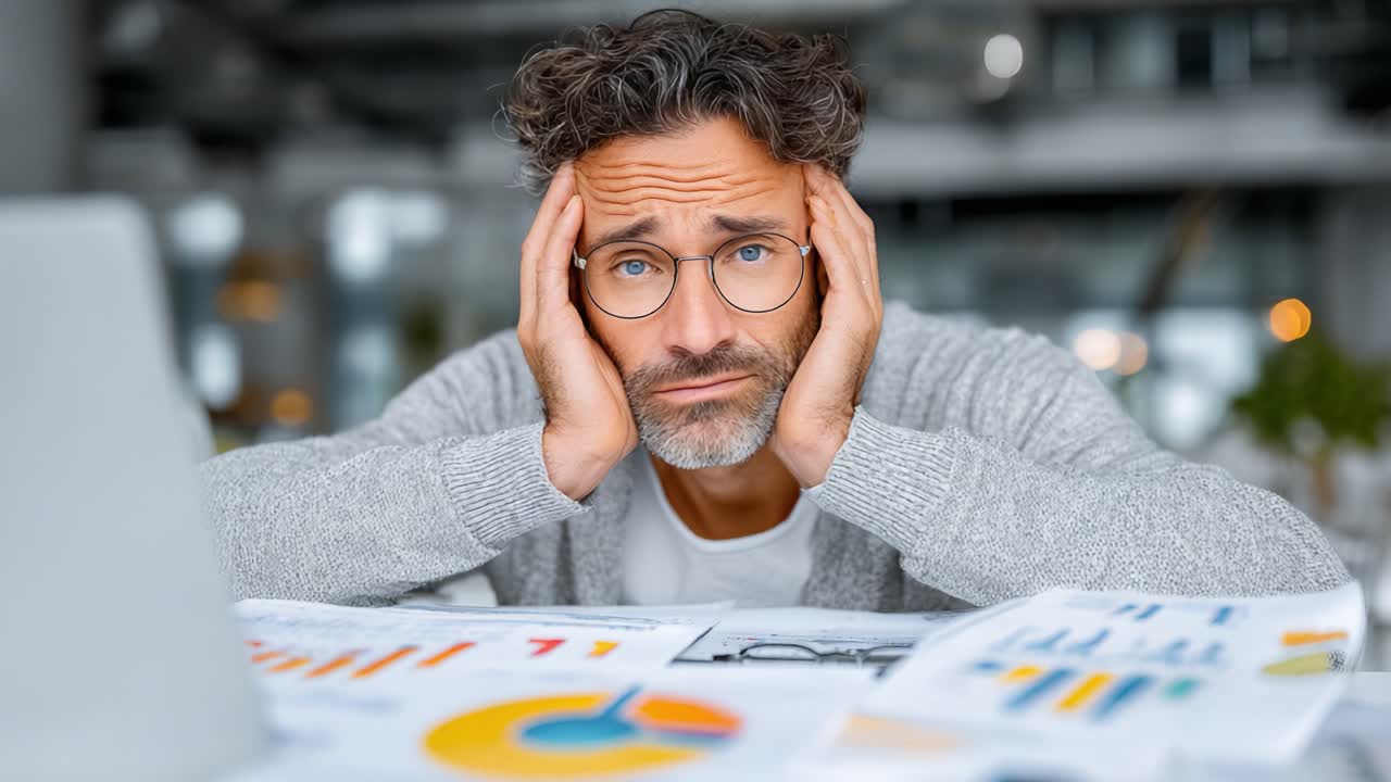 A Frustrated Professional Struggles with Financial Reports and Data Analysis, Showing Stress and Concern Amidst Complex Charts and Graphs in a Modern Workspace