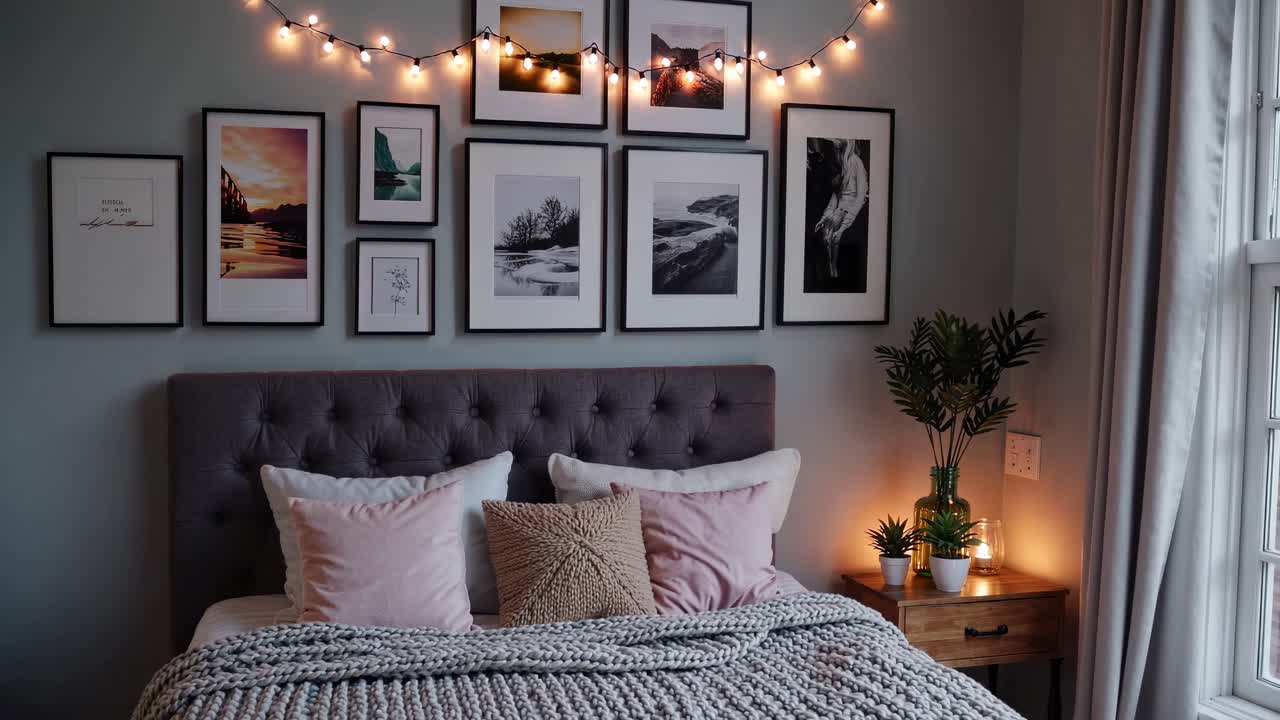 Cozy bedroom with a gallery wall, warm lighting, and a plush bed