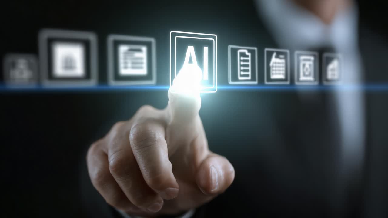 A Business Professional Engages with AI Technology Through a Touch Interface, Highlighting the Integration of Artificial Intelligence in Modern Workspaces