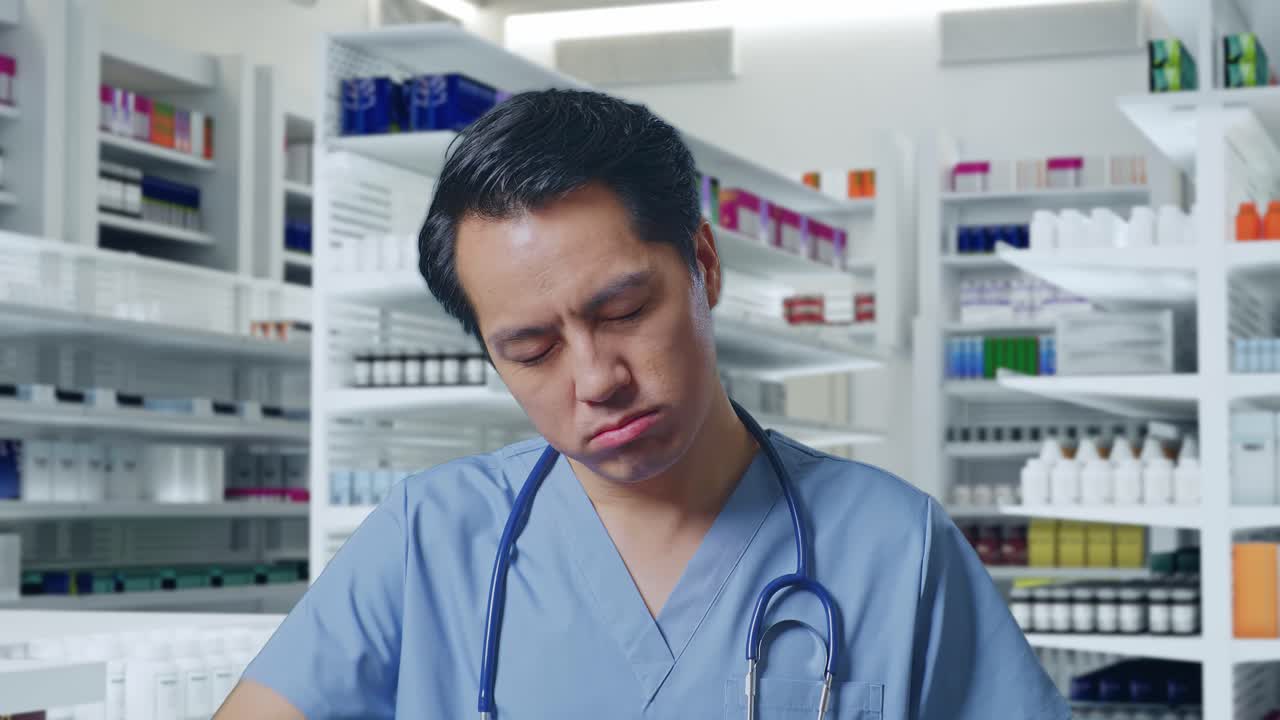 약국 에 서 있는 스테토스코프 를 들고 있는 피곤 한 아시아 남자 의사 의 근접 사진