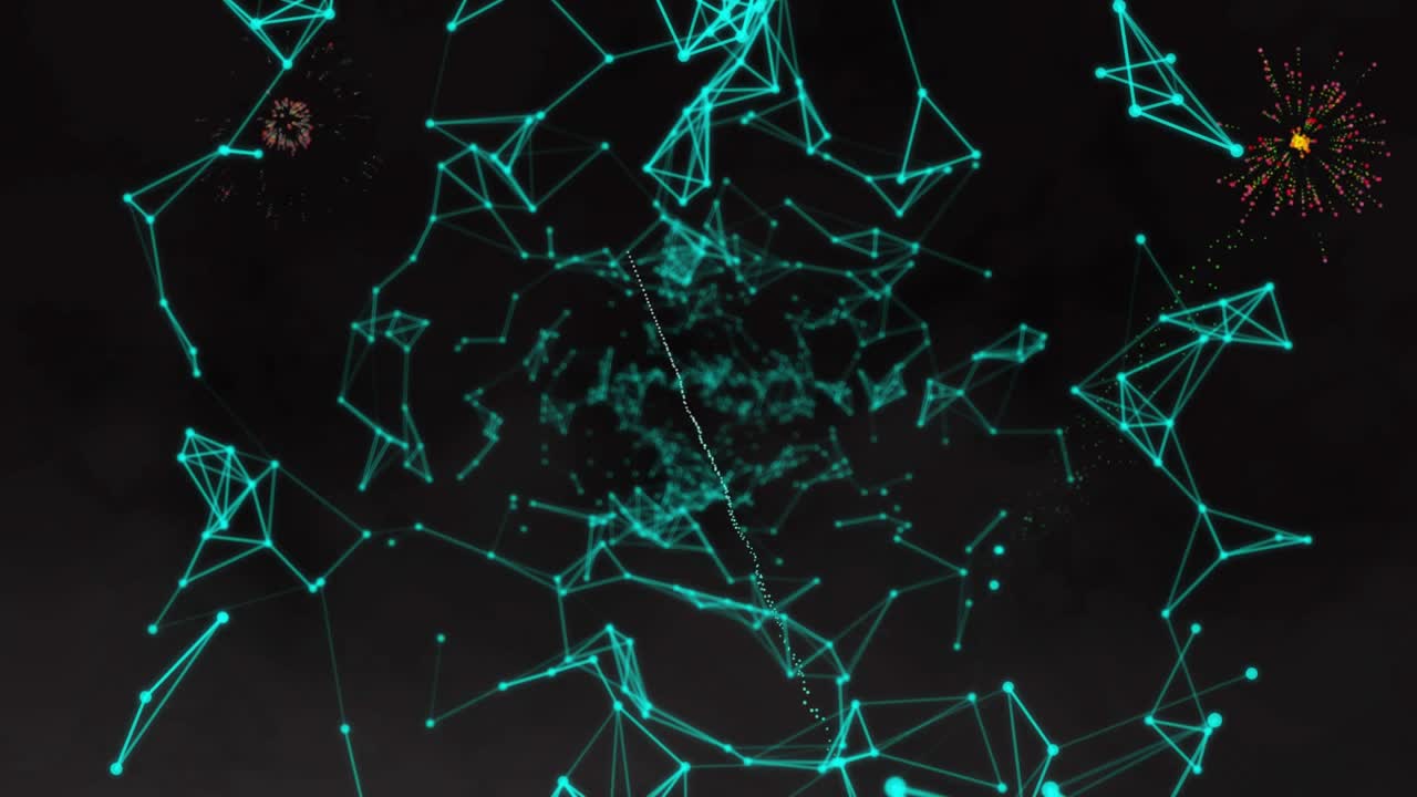 Teal node-edge mesh pulsing and reforming after colorful side bursts, revealing central vortex