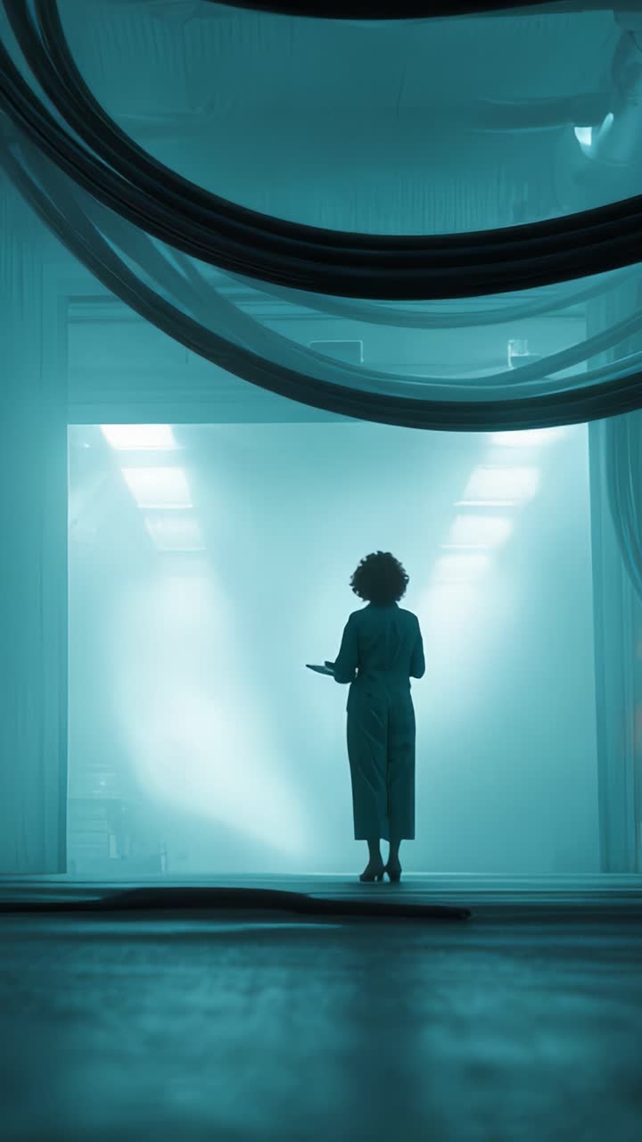 Sosok Misterius dalam Cahaya Ruang Ethereal, Terlibat dengan Teknologi di Tengah Kain yang Mengalir dan Kondisi Cahaya Lembut, Menangkap Esensi Inovasi dan Suasana