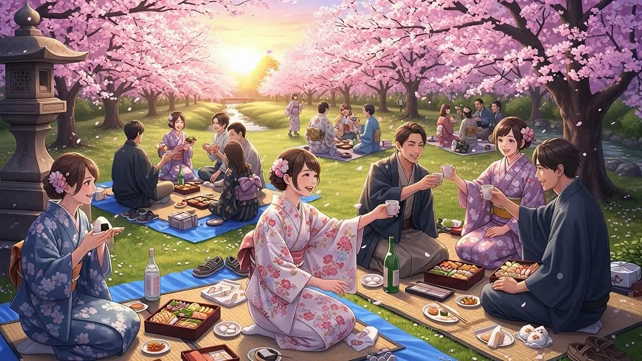 A Joyful Cherry Blossom Picnic Gathering Under Blossoming Trees at Sunset, Featuring Friends Enjoying Japanese Cuisine and Celebrating the Beauty of Spring