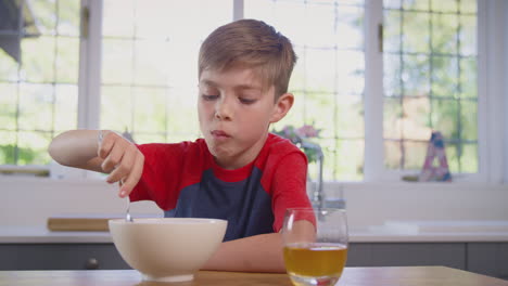 boy at home eating bowl of breakfast cereal at kitchen counter