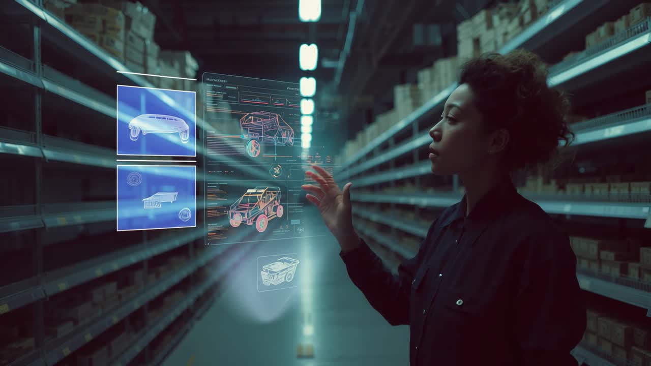 Reaching hand, technician manipulating vehicle hologram for part review at warehouse, copy space