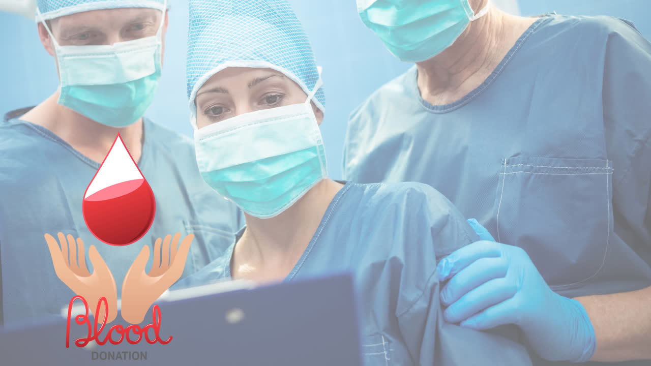 마스크를 착용한 의사들에 대한 혈액 텍스트의 애니메이션