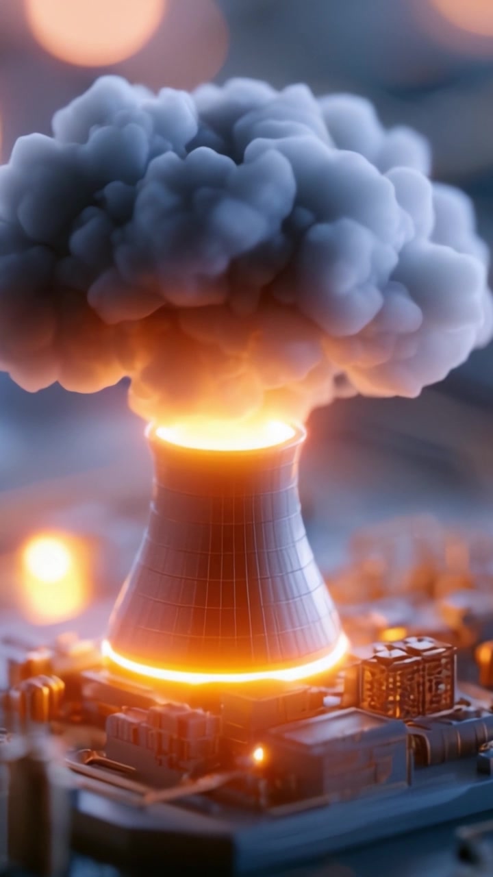 Dramatischer Überblick über einen aufsteigenden Kühlturm, umgeben von explosiven Wolken, der die Energieerzeugung mit feuriger Visualisierung und atmosphärischen Effekten symbolisiert