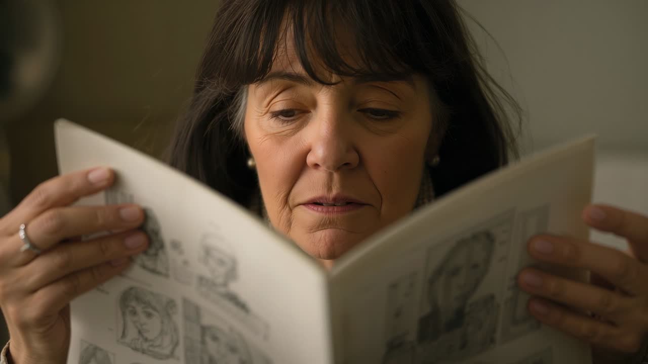 Senior woman bringing booklet up, scanning portraits at home; animated tags appearing for design