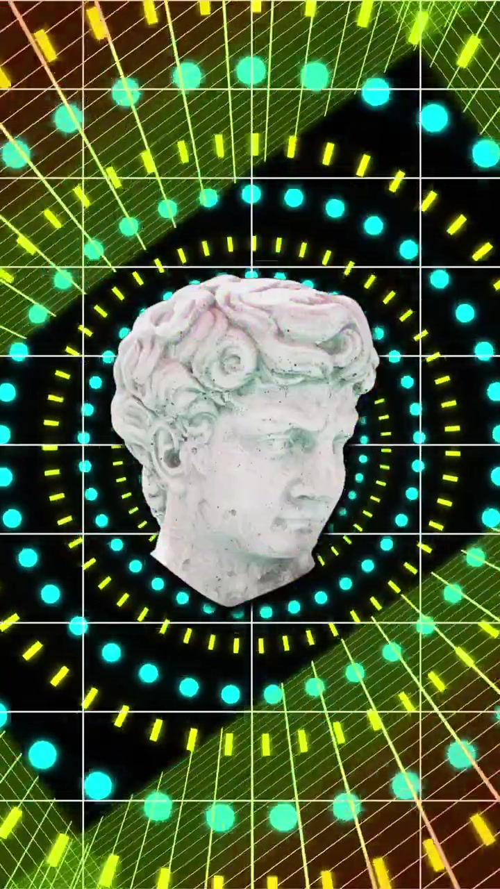 Animazione di scultura di testa con interferenza su forme colorate su sfondo nero