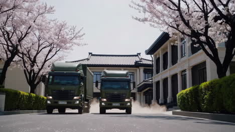 military personnel and vehicles in a spring setting