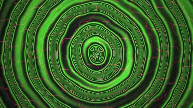Círculos Concêntricos Verdes Abstratos com Padrões de Ondas Rosas Pulsantes
