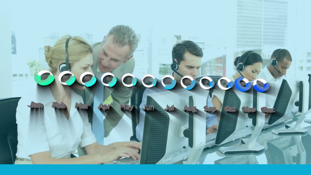 사무실에서 전화 헤드을 사용하는 다양한 비즈니스 사람들 위의 그래프의 애니메이션