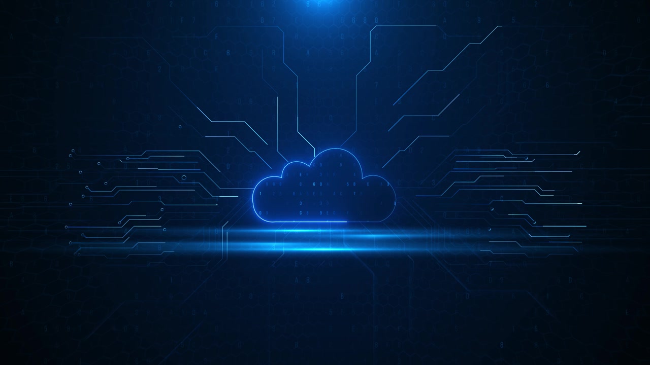 Blue cloud computing circuit background glowing cloud icon digital connections hexagon texture dark