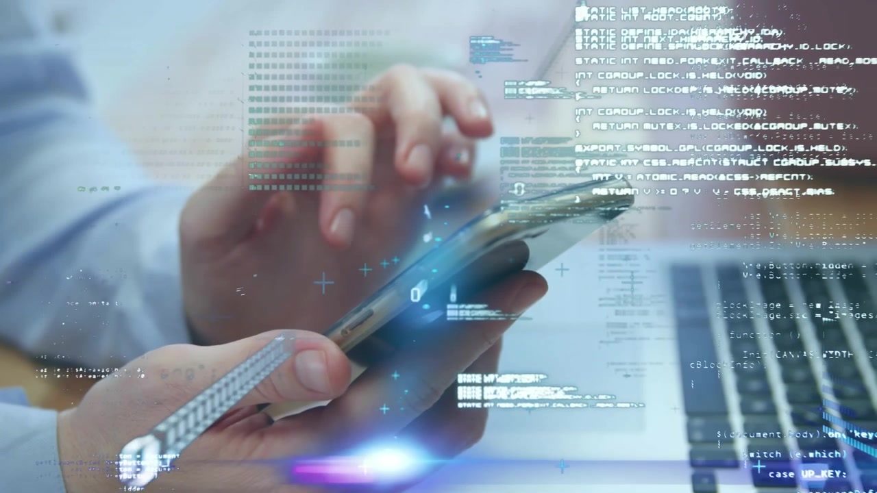Animation of data processing over woman using smartphone