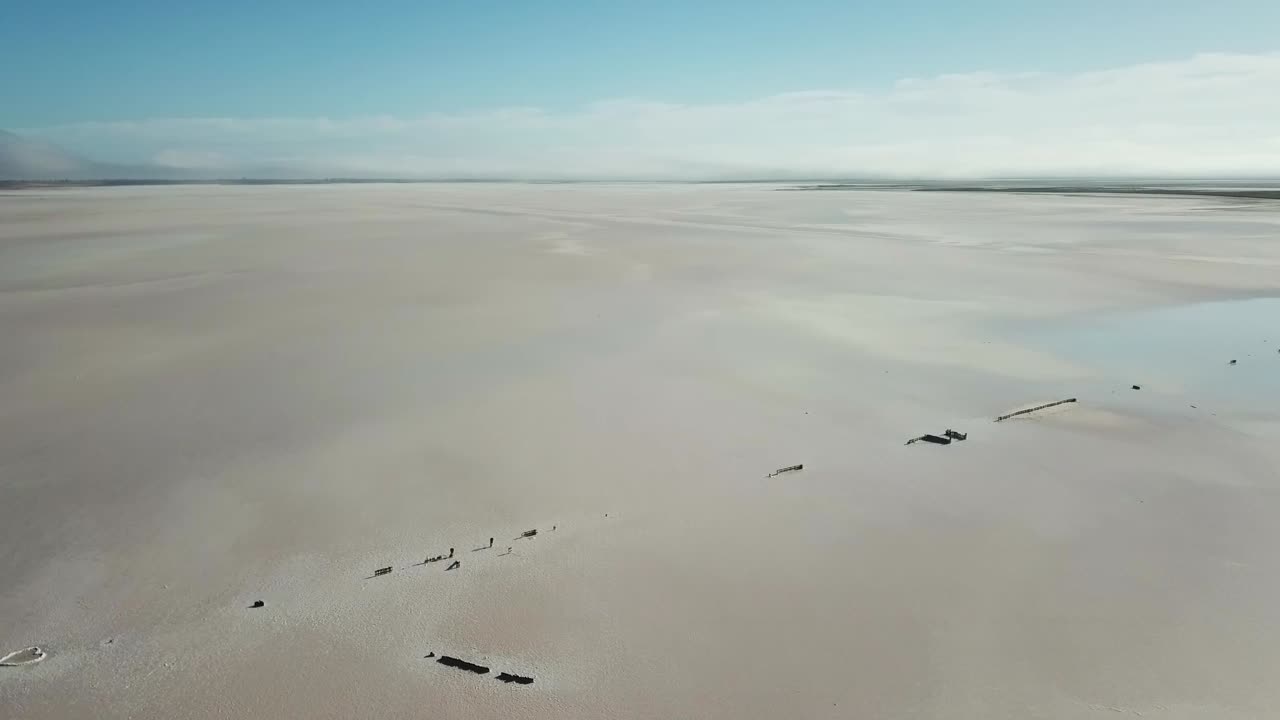 Drone footage over the salt flats of Lake Tyrell, in north-west Victoria, May 2021