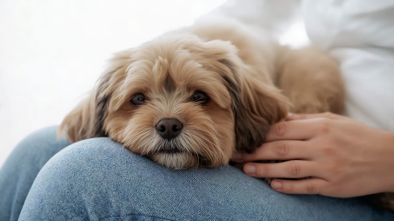 Lifting fluffy tan dog reacting to right-hand movement on lap at home, white top, blue jeans
