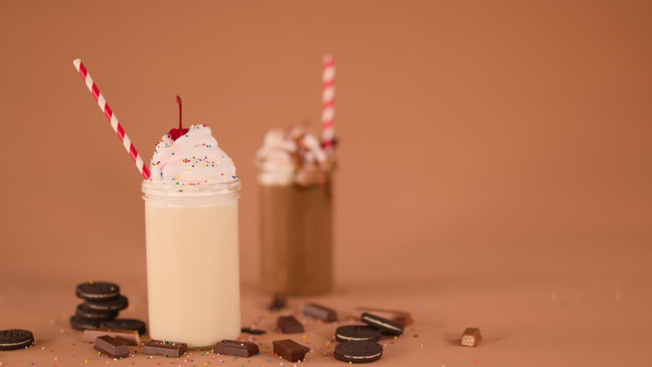 Static close-up of creamy milkshakes with whipped cream, cherry, cookies, and candy-striped straws