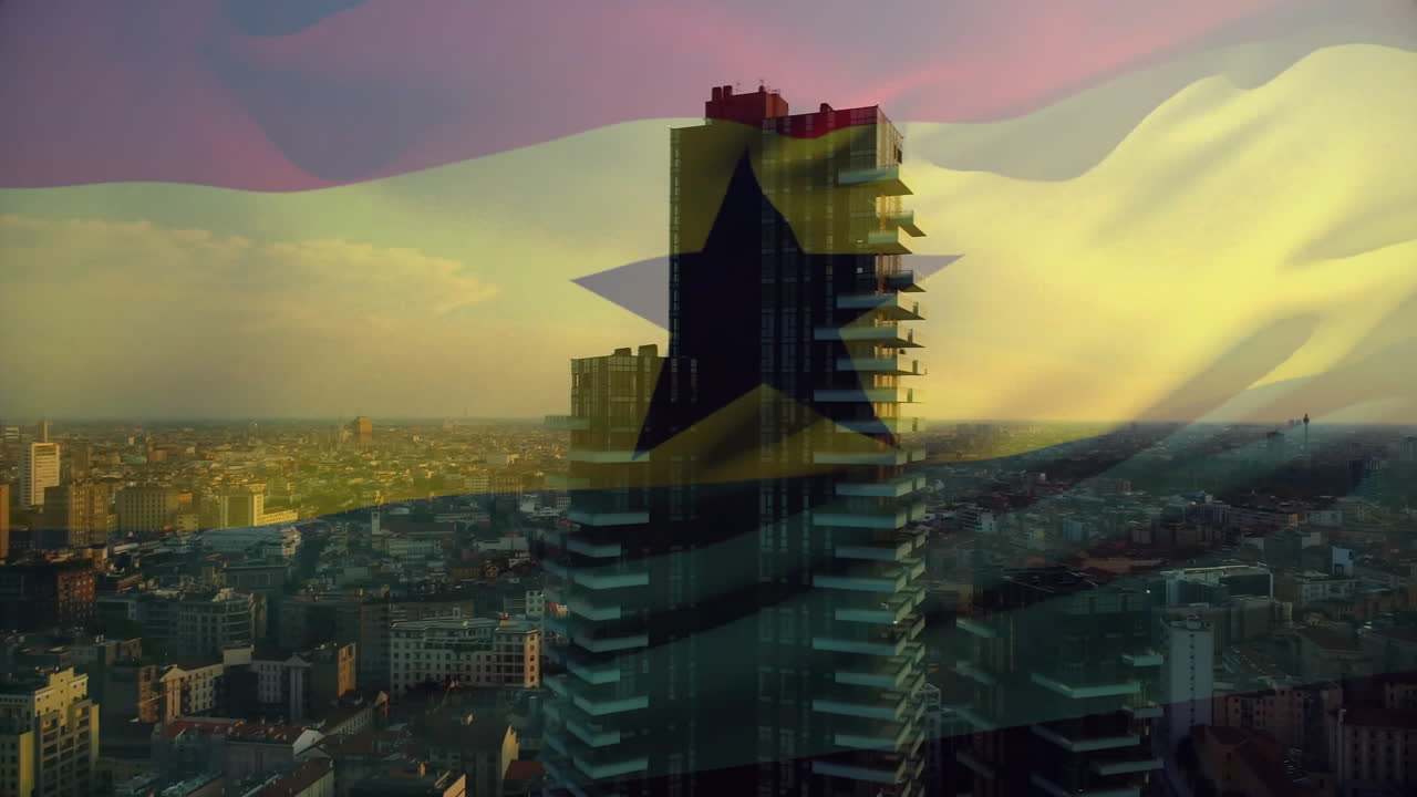 Ghana flag animation over cityscape with modern skyscrapers at sunset