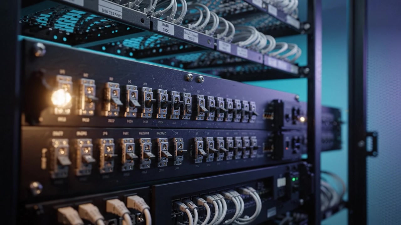 High-tech server rack showcasing advanced networking equipment, featuring intricate circuit boards, LED indicators, and organized cabling for optimal data management.