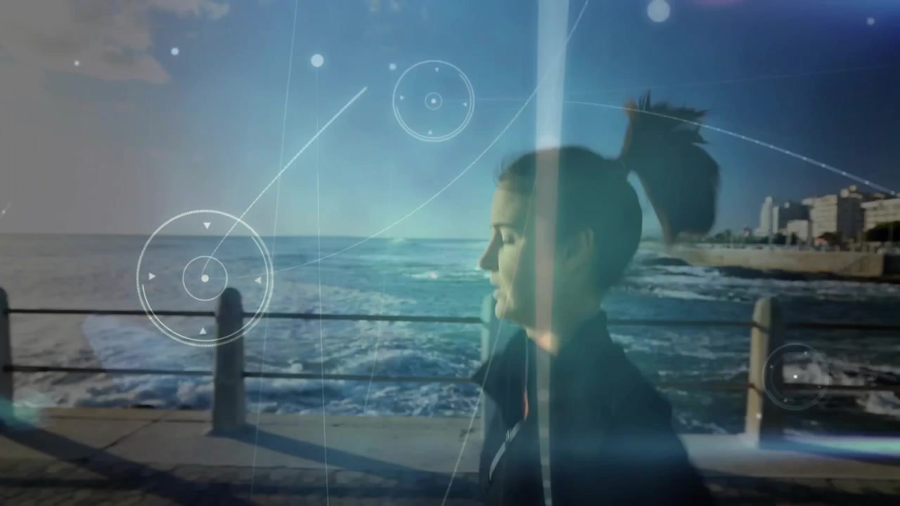 Corridore che inizia una corsa lungo mare, mostrando un tracker da polso e un HUD circolare che traccia le metriche di performance.