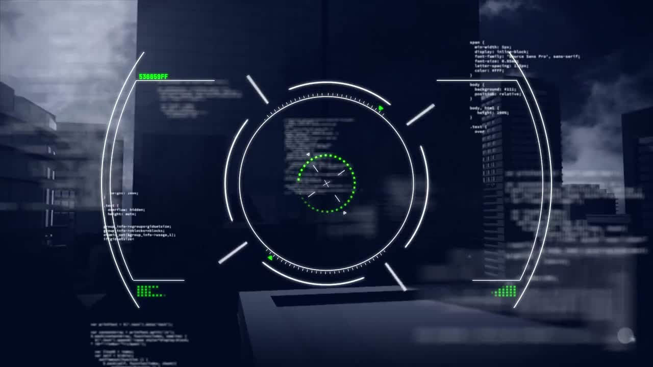 Animation of circles over computer programming language on buildings against cloudy sky