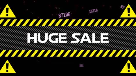 Animation-of-huge-sale-text-on-hazard-sign,-with-data-processing-on-black-background