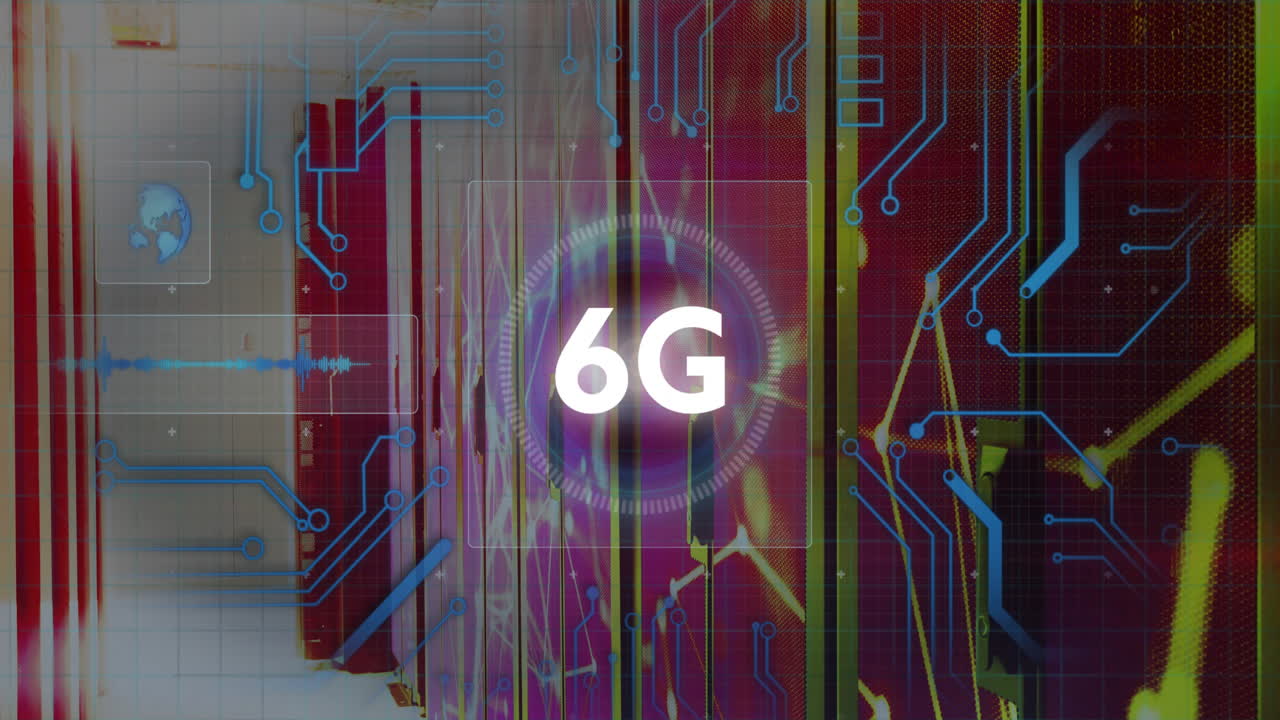Displaying central 6G text glowing over flat design interface, combining circuit lines and mesh