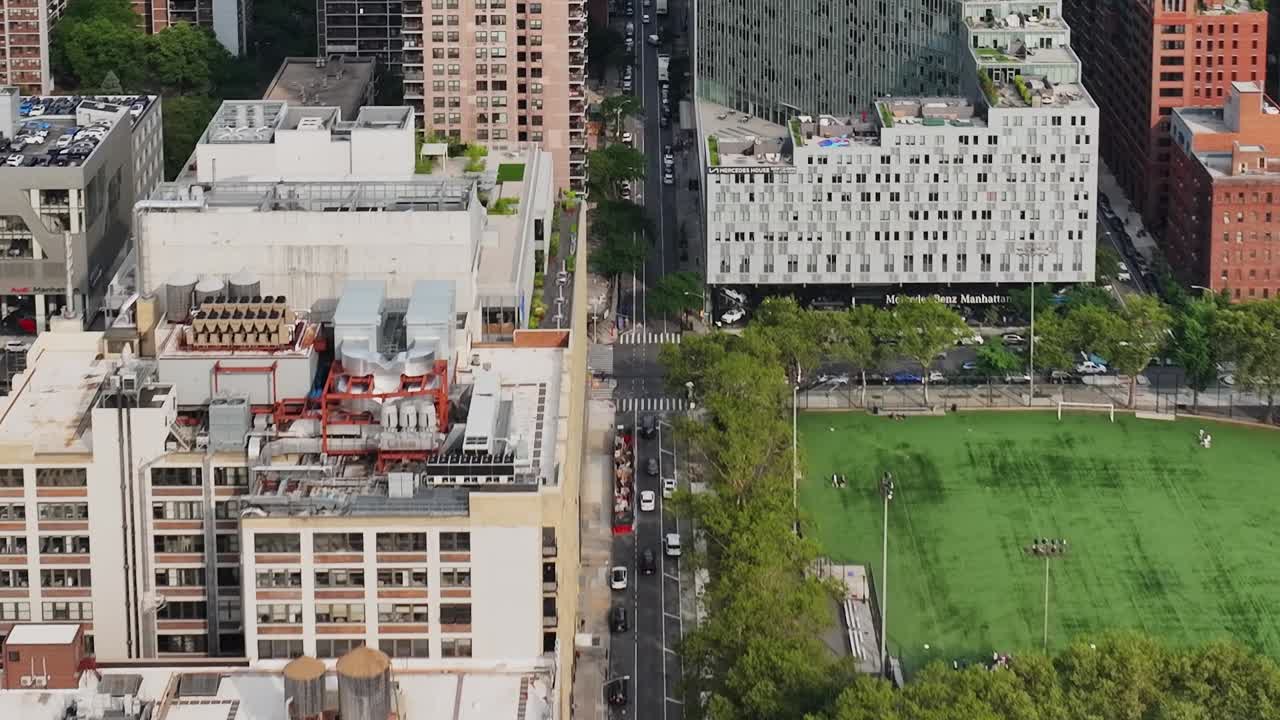 Aerial view of urban street and park in New York City