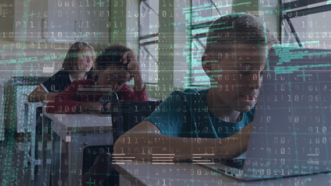 Animation of data processing over diverse schoolchildren using laptop