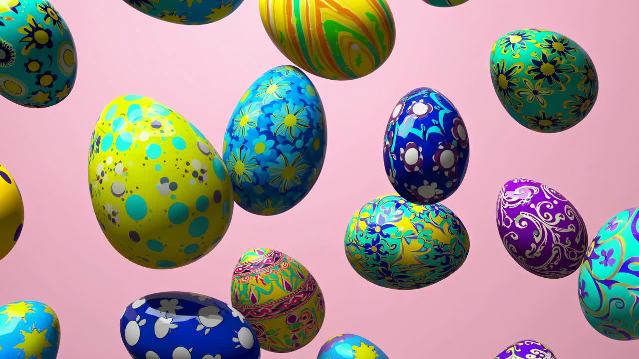 Colorful Easter eggs with floral patterns float mid-air against a pink backdrop