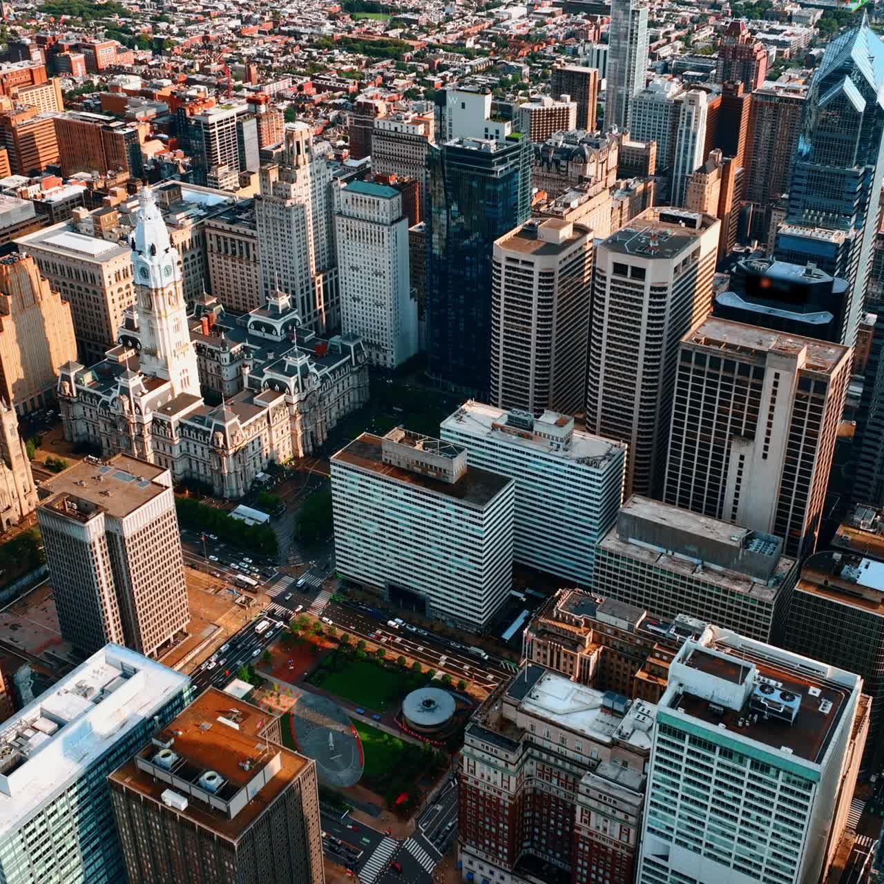 Eye-catching view of the skyscraper complex in Philadelphia. Daytime drone footage over the city