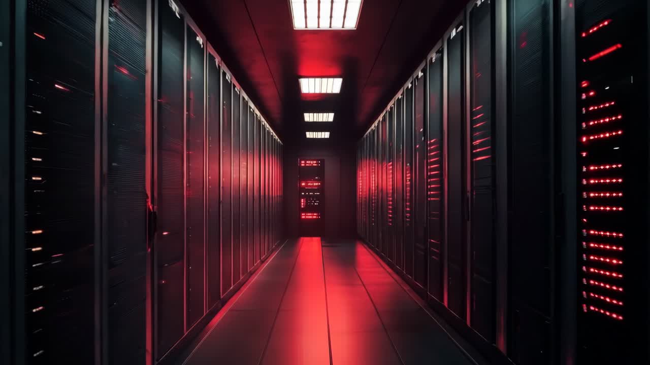 un largo pasillo en una sala de servidores con luces rojas