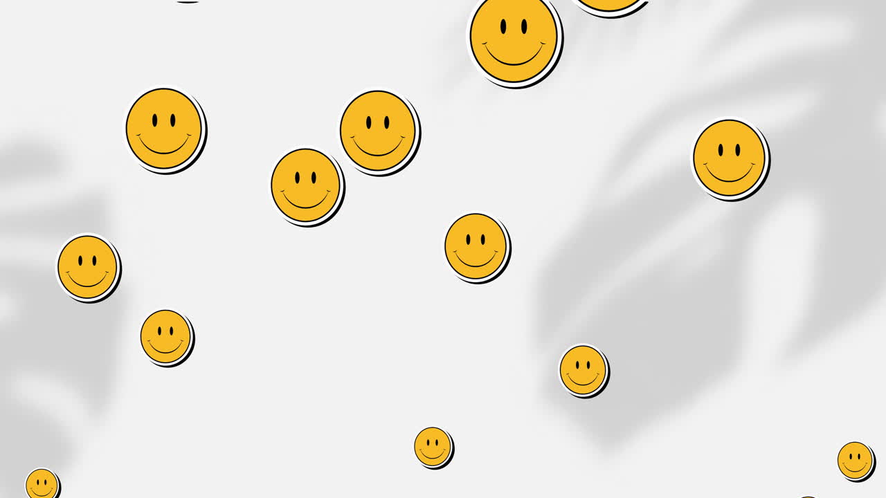 Animation of emoji icons over leaves shadows on white background