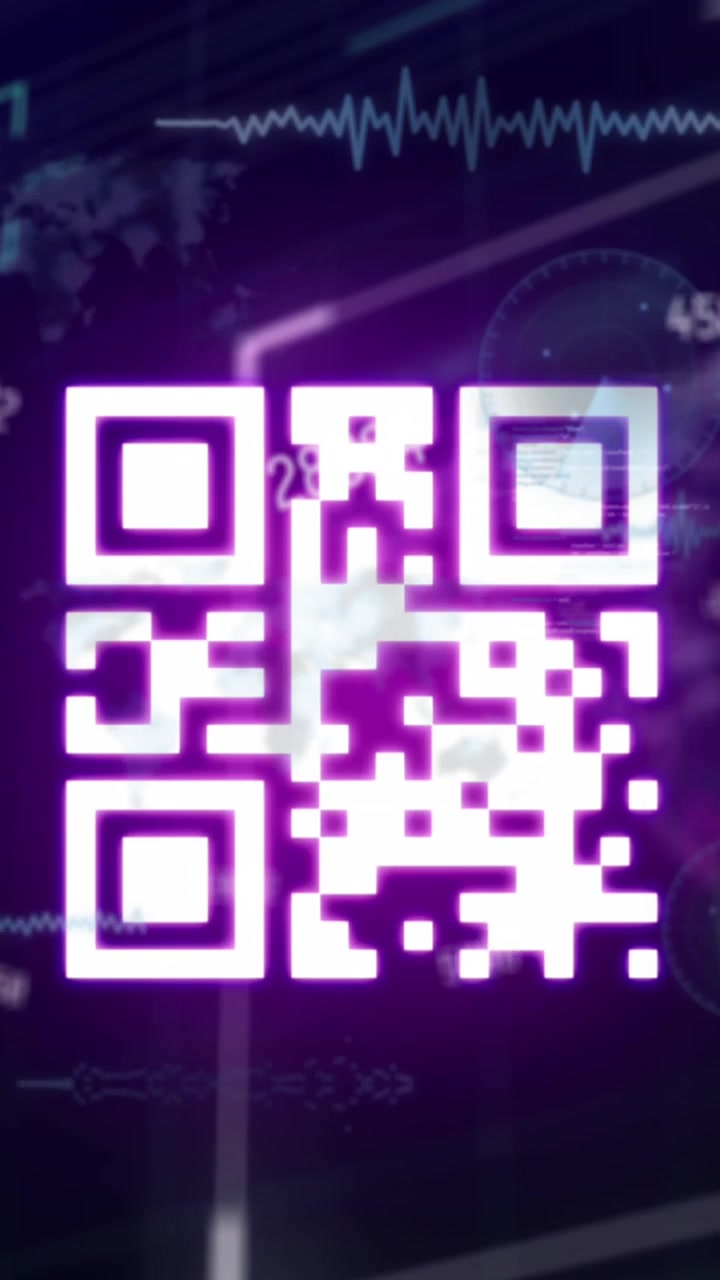 Animation of qr code and data processing on black background
