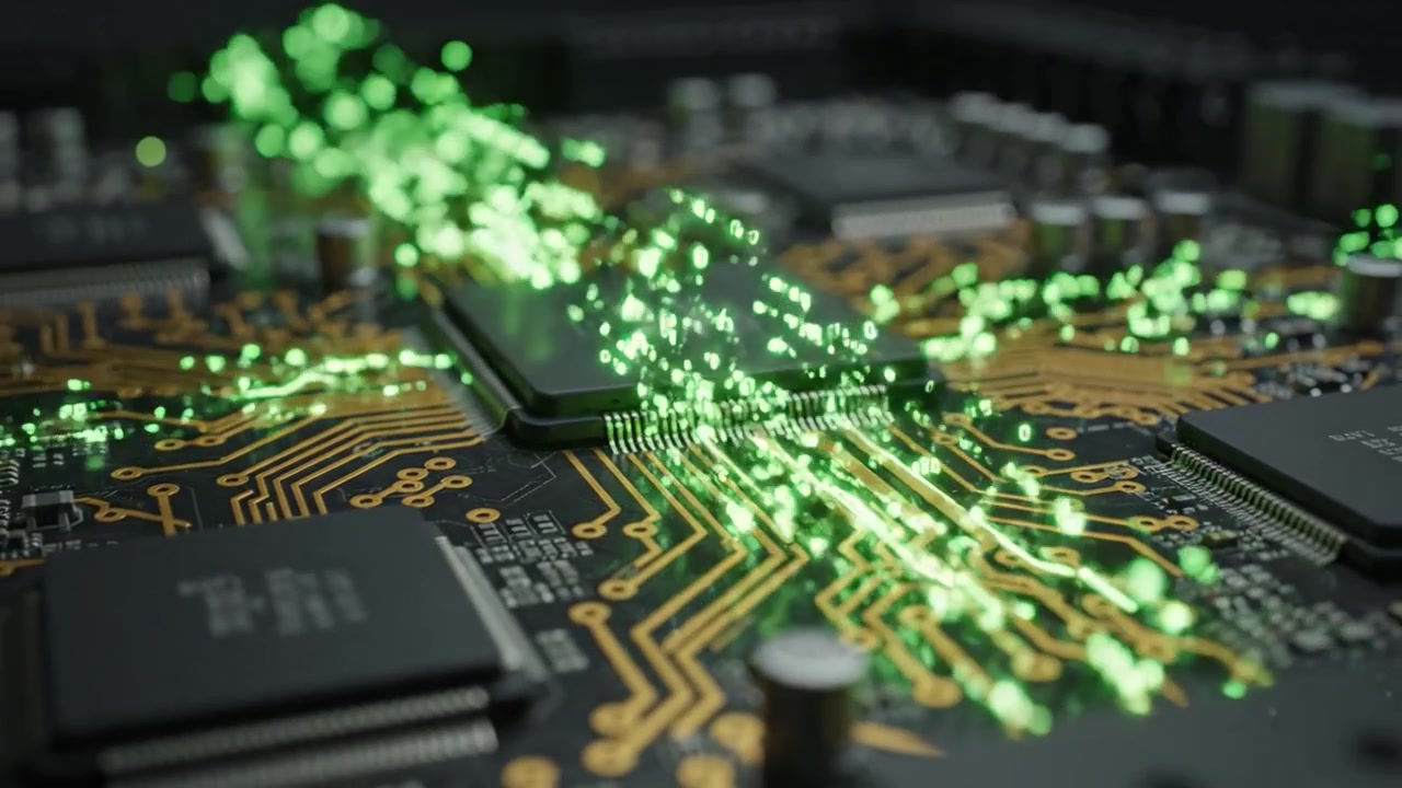 An intricate close-up of a circuit board transitioning from a raw electronic setup to a vibrant display of energy and connectivity through electric green particles.