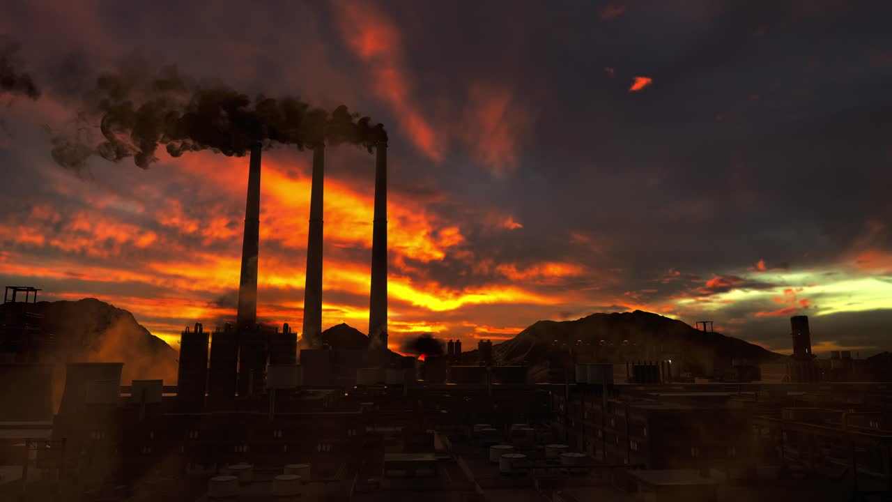 화학 공장의 연기 파이프, 대기 오염 개념, 환경 오염과 함께 산업 풍경, 일몰 시간