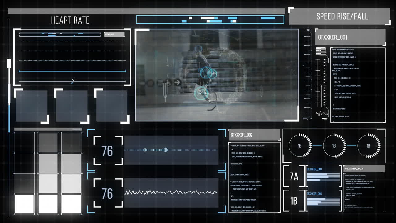 Animation of screens with digital data processing over black background