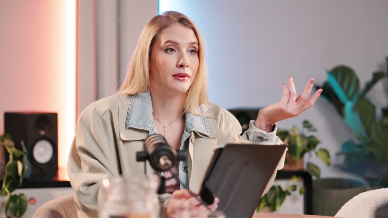 Podcast recording with a woman and a tablet