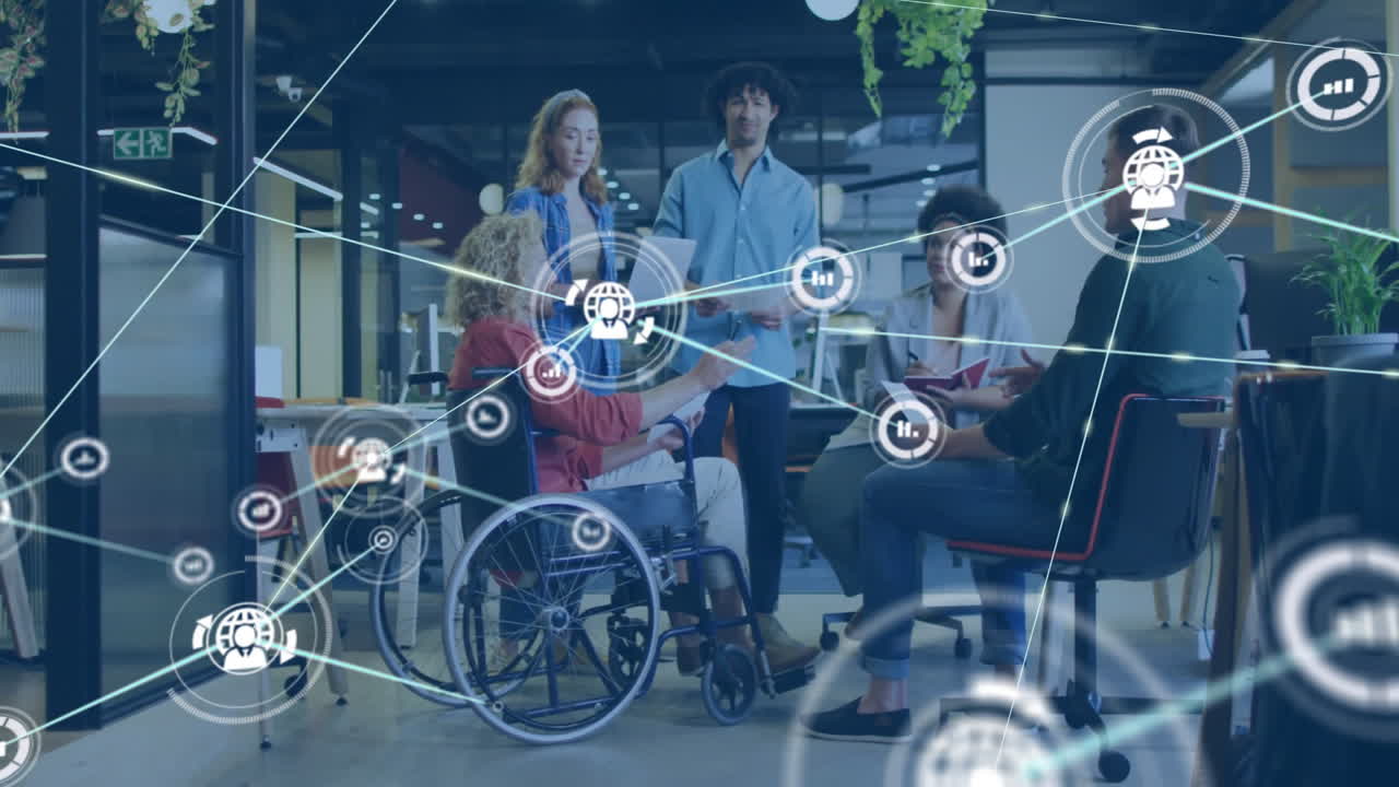 Collaborating in office, diverse team using digital network connections overlay