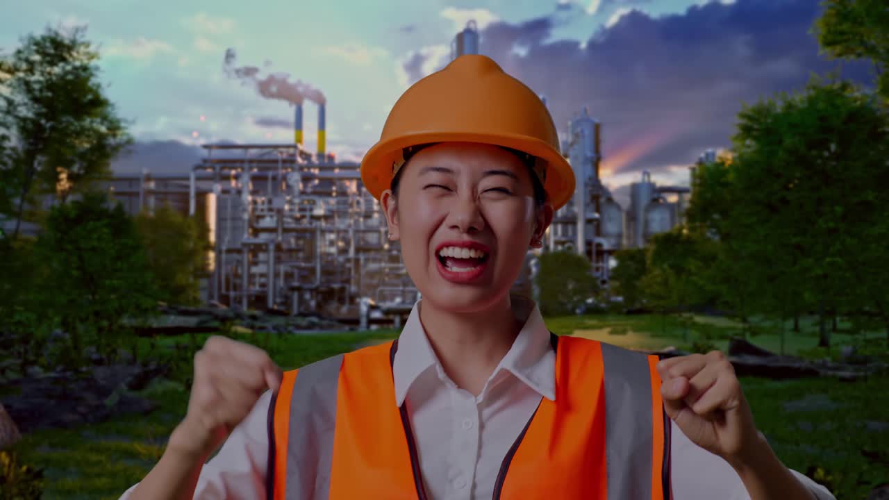 Close Up Of Asian Female Engineer With Safety Helmet Screaming Goal And Dancing Celebrating In Front Of Oil Refinery